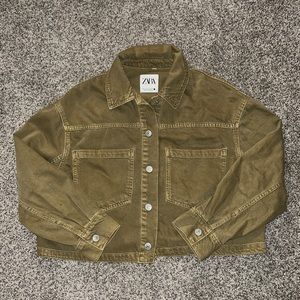 Olive Green Zara Cropped Denim Jacket SIZE M